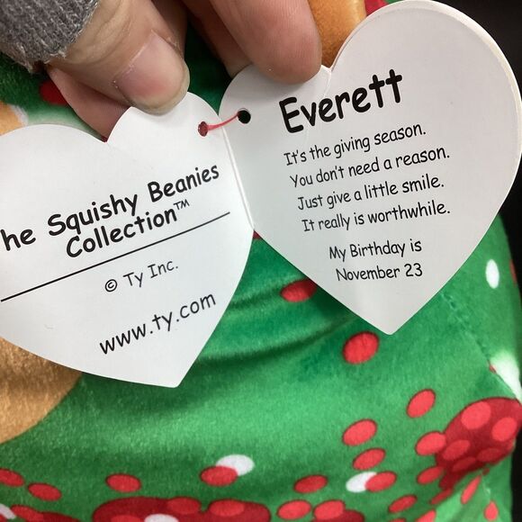 TY Squishy Beanies Everett - Puppy Dog Christmas - With Tag - Tan/Green w/Spots - Picture 7 of 8